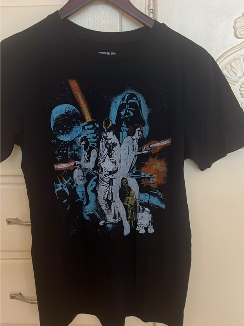 Star Wars Black Short Sleeve Graphic Tee with Blue, White & Orange Print
